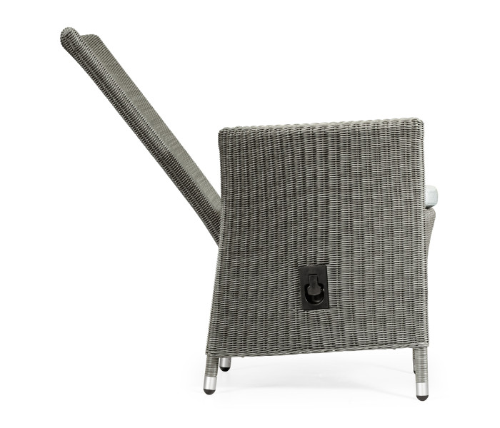 Grey Wicker Rattan Dining Chair with Reclining Back, Upholstered in COM