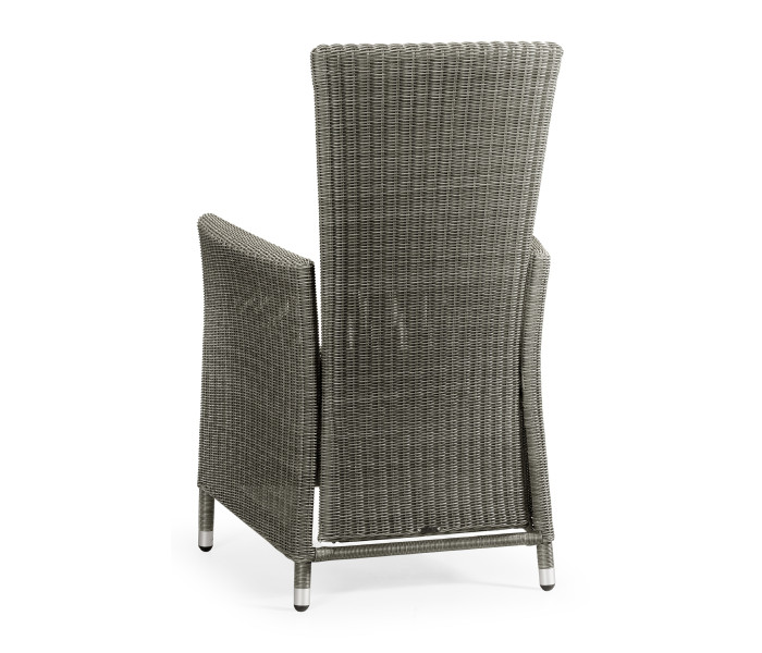 Grey Wicker Rattan Dining Chair with Reclining Back, Upholstered in COM