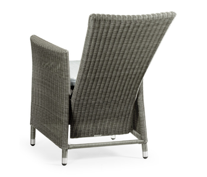 Grey Wicker Rattan Dining Chair with Reclining Back, Upholstered in COM
